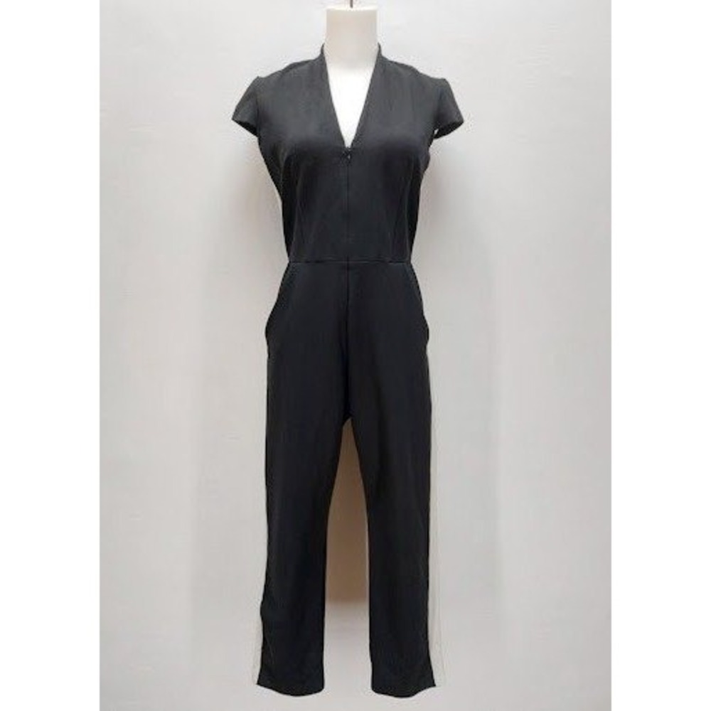 AU Jumpsuit Women's Small Black White Stripe Cap Sleeve V-Neck Front Zip Pockets
